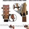 Adjustable and rotating yoke for a walnut wood guitar wall mount featuring a U-shaped hanger.