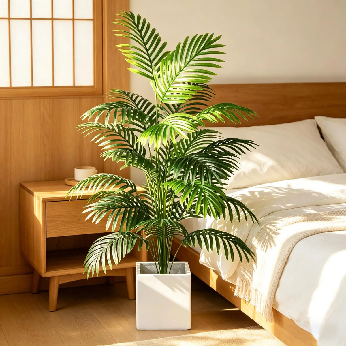 An artificial areca palm plant in a white pot sits on a wooden nightstand next to a bed.