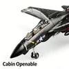 A black military fighter jet building block model with an open canopy and landing gear visible.