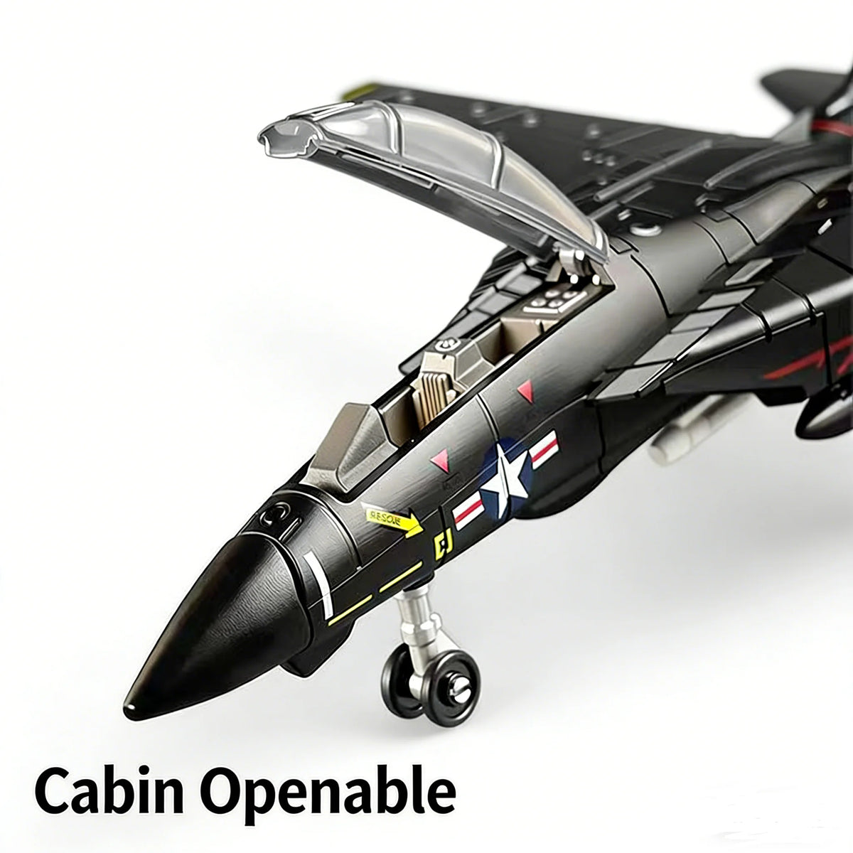 A black military fighter jet building block model with an open canopy and landing gear visible.