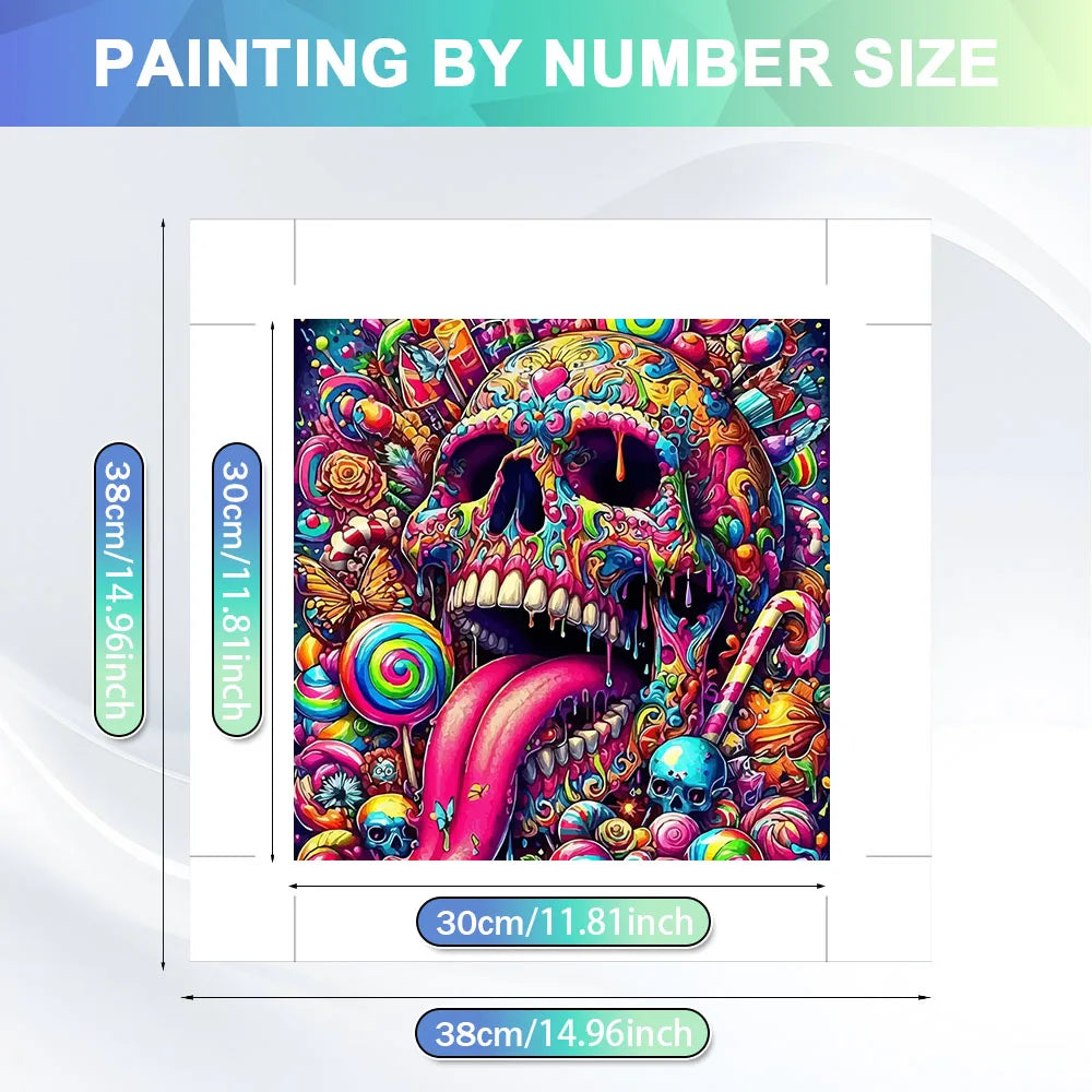 A painting by numbers kit featuring a colorful skull landscape design displayed within its frame.