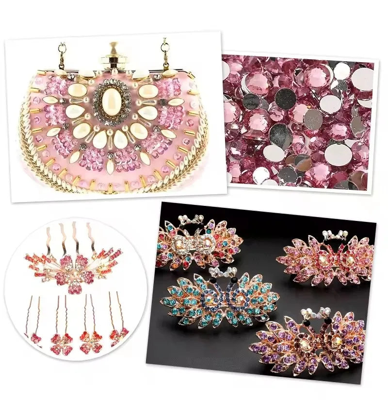 Pink and gold resin rhinestone flower brooch and various flat back rhinestones for crafts