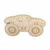 A light wood monster truck cutout for DIY crafts featuring large wheels and a body shape.