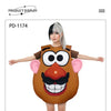 A woman wearing a brown Mr. Potato Head costume with large eyes and a nose, posing for a product display.