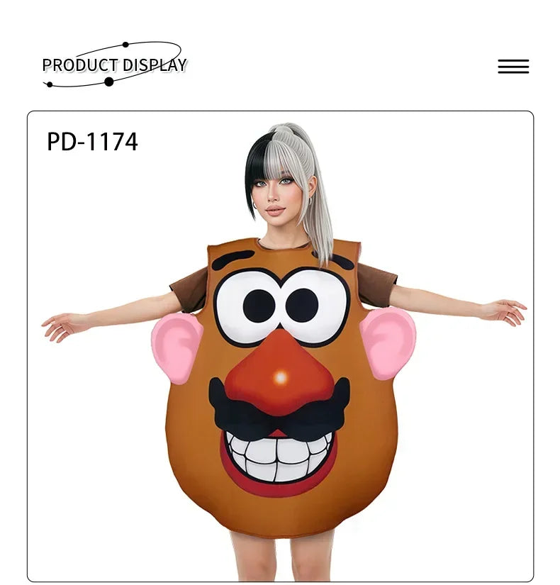 A woman wearing a brown Mr. Potato Head costume with large eyes and a nose, posing for a product display.