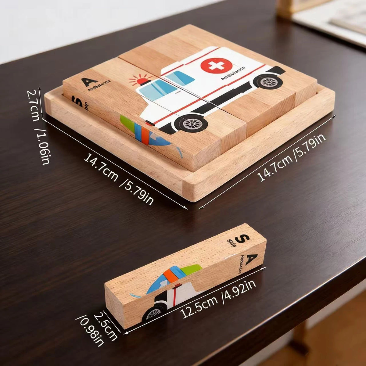 A wooden jigsaw puzzle set featuring a white van with a red cross on a light wood background.