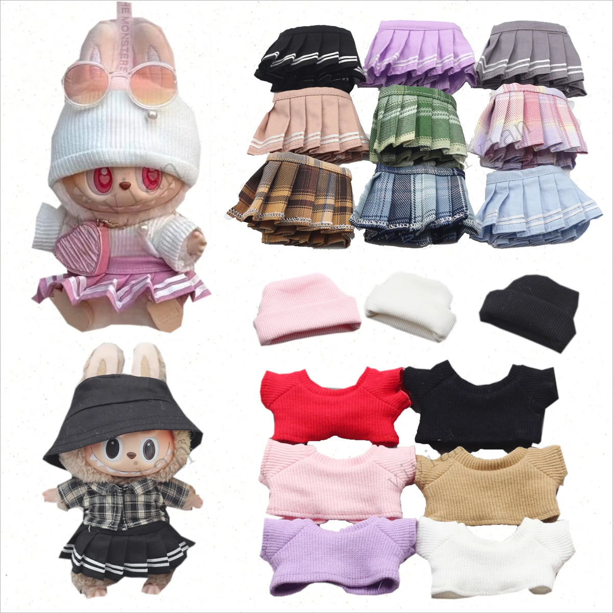 Mini Knit Doll Outfit Set – T-Shirt, Hat & Pleated Skirt for 15-17cm Dolls