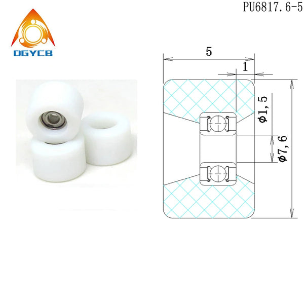 A set of four white PU coated fingerboard wheels with precision bearings shown in a technical drawing.