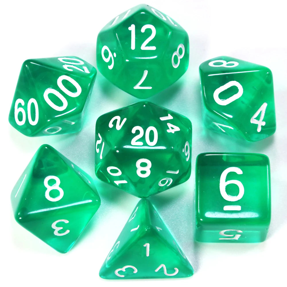 A collection of green acrylic dice, including a d12, d20, and d6, displayed on a white surface.