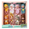 A set of realistic mini reborn baby dolls dressed in various outfits and presented in a box.