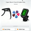 Guitar Accessory Kit showing a capo, clip-on tuner, and five colorful guitar picks.