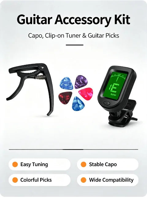 Guitar Accessory Kit showing a capo, clip-on tuner, and five colorful guitar picks.