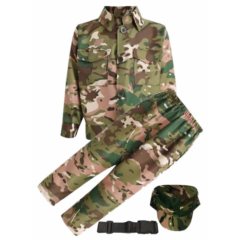 Kids camouflage army costume set including a jacket, pants, and a hat