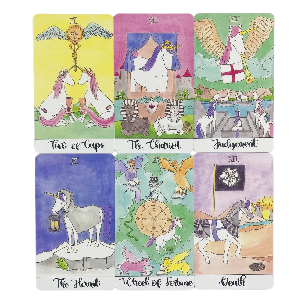 A set of six tarot cards featuring unicorn and mythological illustrations with gold accents.