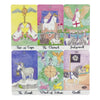 A set of six tarot cards featuring unicorn and mythological illustrations with gold accents.