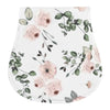 A white baby burp cloth featuring watercolor pink and green leaves.