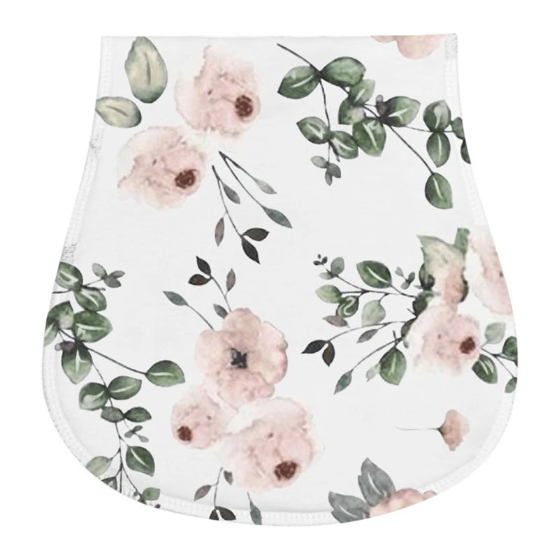 A white baby burp cloth featuring watercolor pink and green leaves.