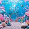 A vibrant underwater scene featuring a castle, coral, and sea life in pink and blue tones for a party backdrop.