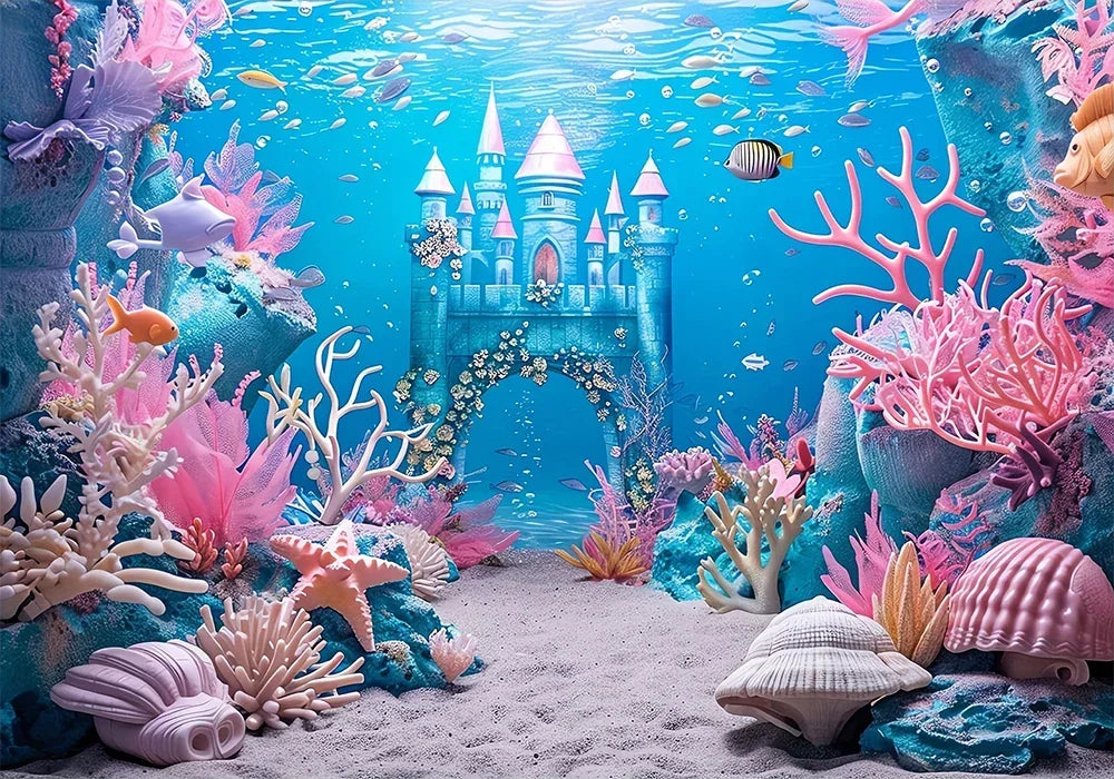 A vibrant underwater scene featuring a castle, coral, and sea life in pink and blue tones for a party backdrop.