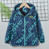 A dark blue waterproof winter jacket for kids with a hood, featuring a geometric pattern and light teal accents.