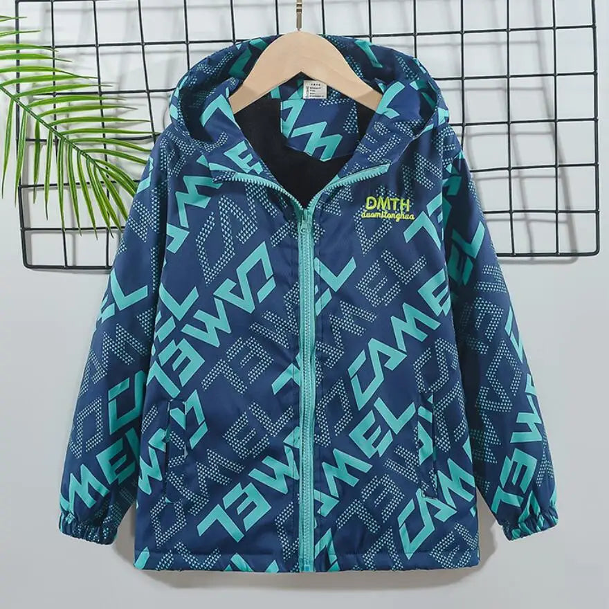 A dark blue waterproof winter jacket for kids with a hood, featuring a geometric pattern and light teal accents.
