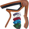 Rosewood guitar capo with five picks for acoustic and electric guitars