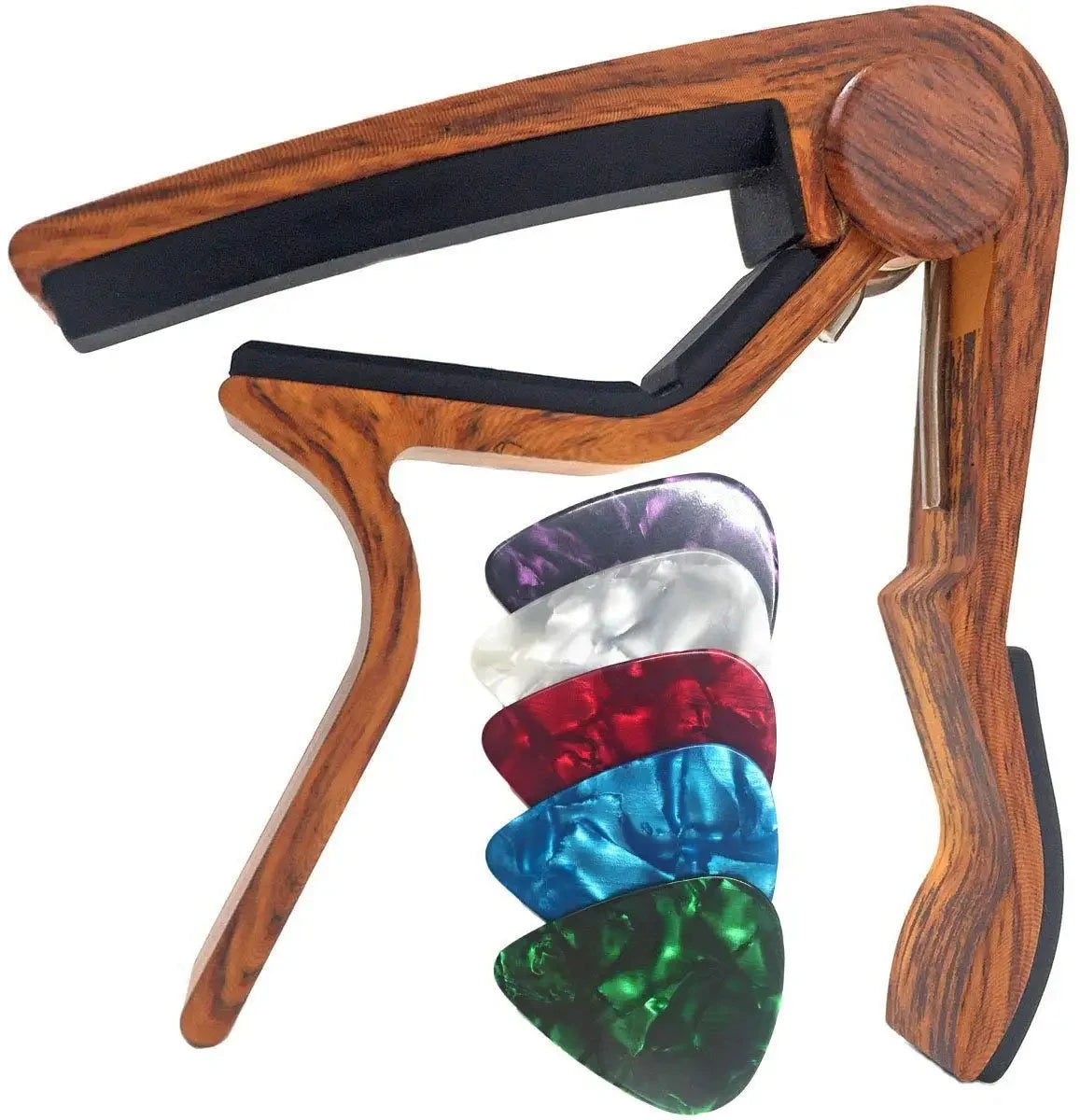 Rosewood guitar capo with five picks for acoustic and electric guitars