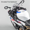 Simulated fine dashboard on a white sport motorcycle model with clear plastic components and lights
