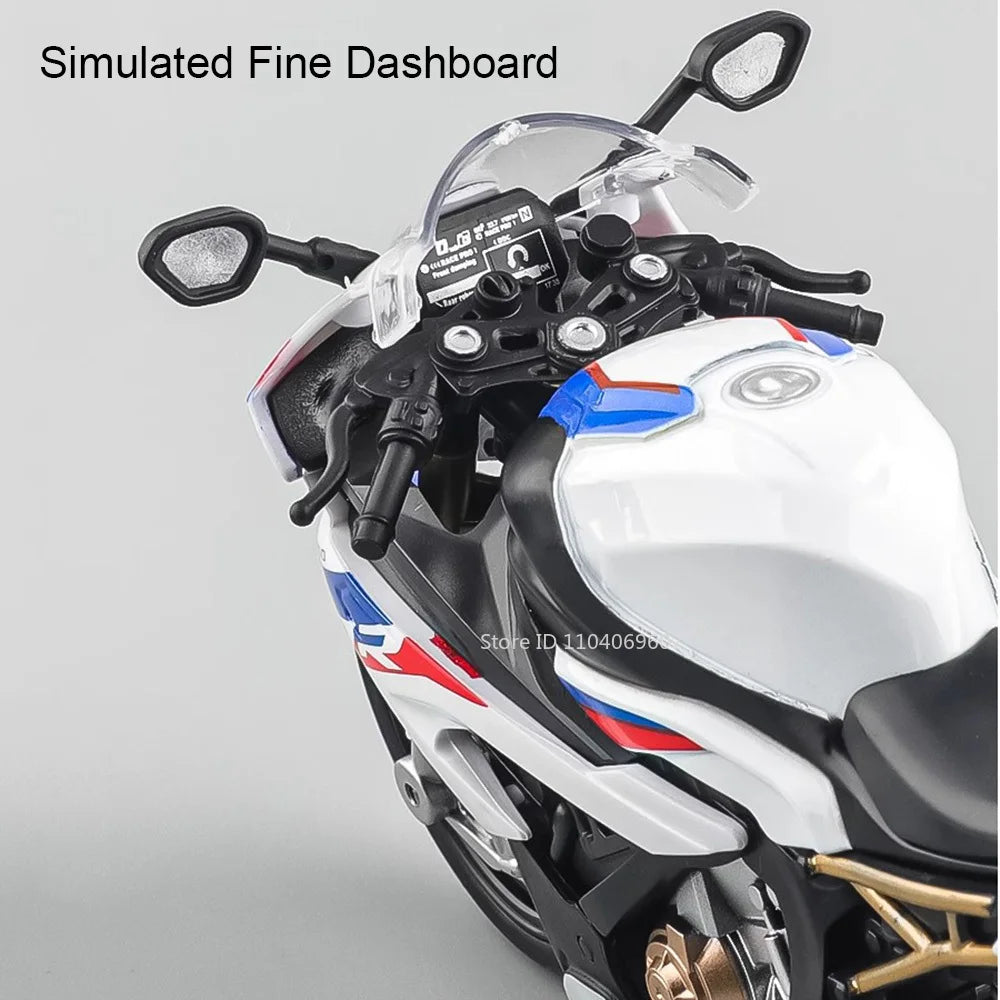 Simulated fine dashboard on a white sport motorcycle model with clear plastic components and lights