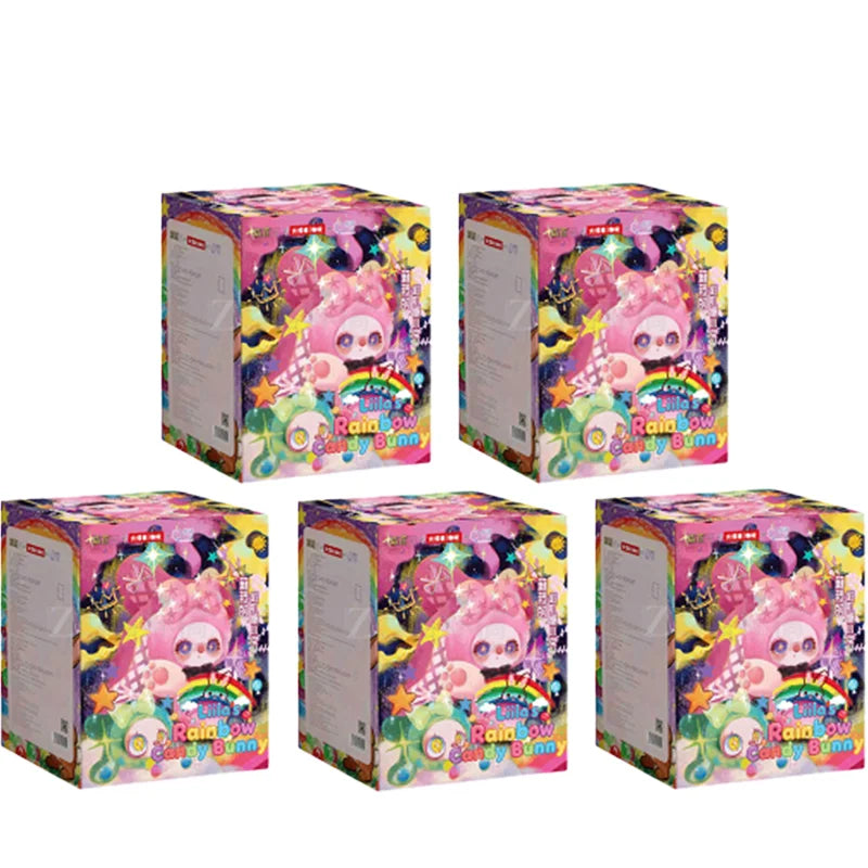A collection of six Liila Rainbow Candy Bunny series blind boxes in colorful packaging.