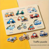 A wooden traffic puzzle board featuring various vehicles like ambulances, fire trucks, and airplanes for early learning.