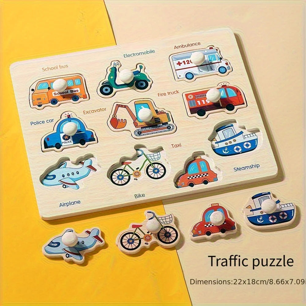 A wooden traffic puzzle board featuring various vehicles like ambulances, fire trucks, and airplanes for early learning.