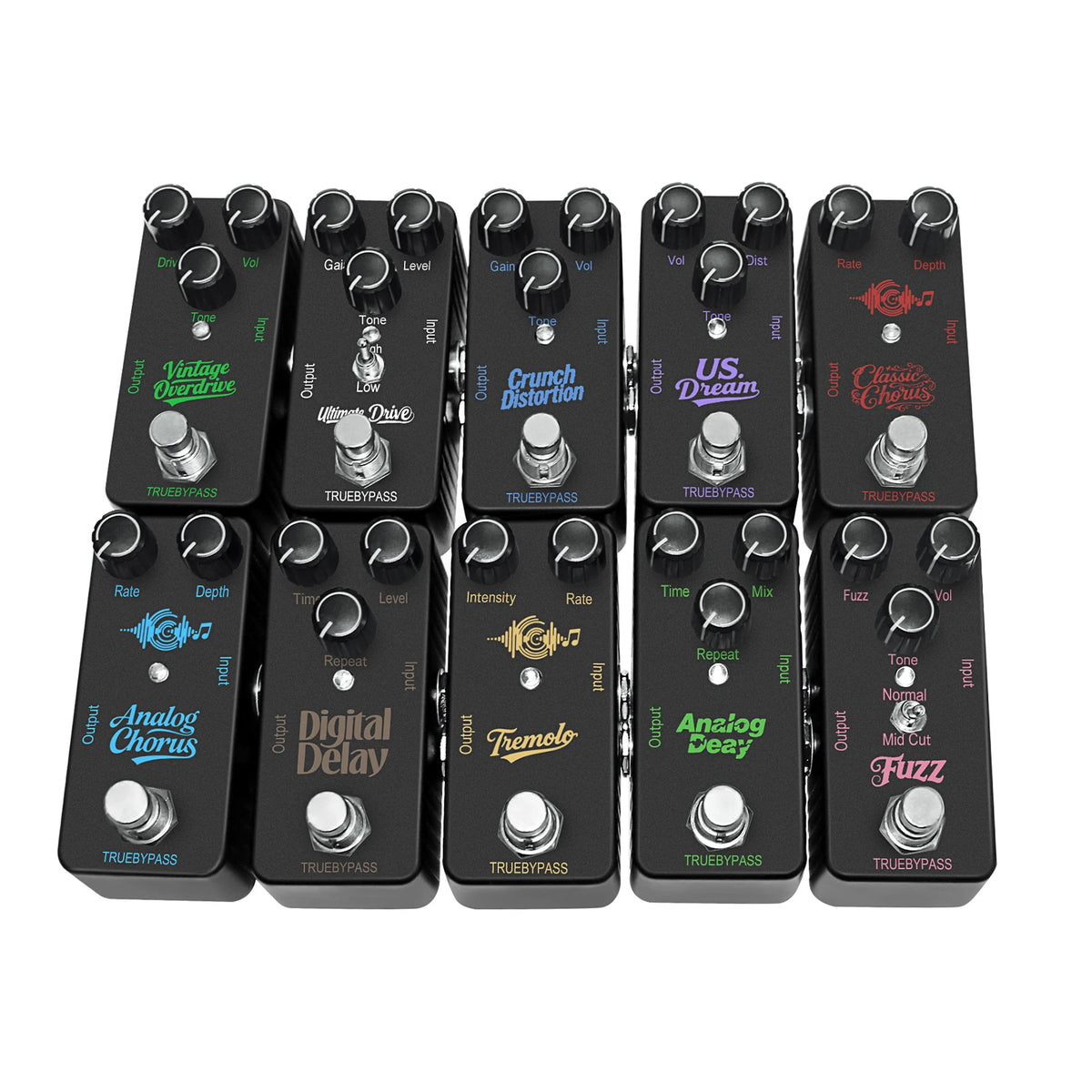 A collection of ten mini guitar effects pedals featuring various tones like overdrive, distortion, delay, and chorus.