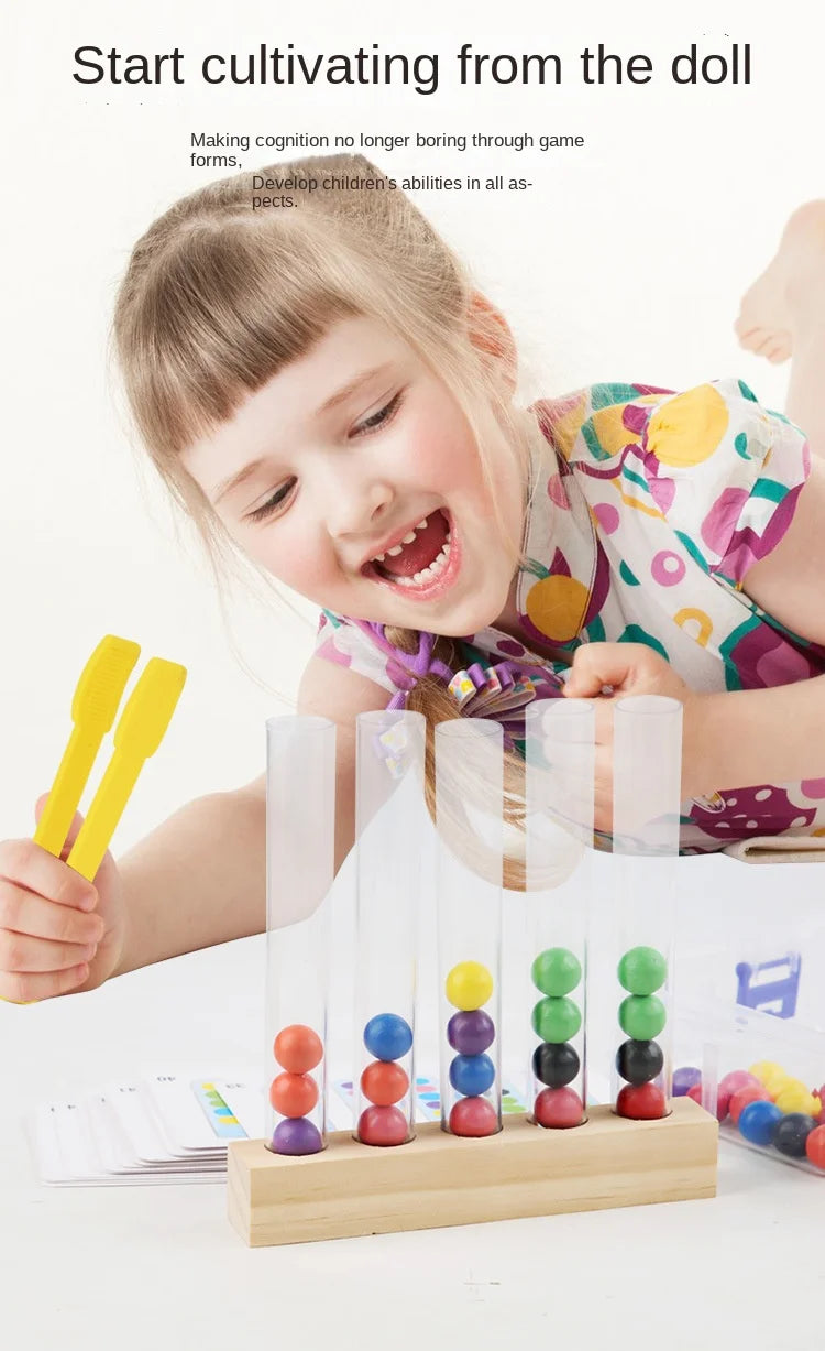 A young girl is using a wooden test tube toy with colorful beads to develop fine motor skills.