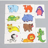 A set of 12 colorful animal illustrations on square cards for a matching game.
