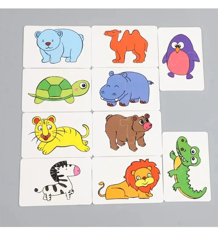 A set of 12 colorful animal illustrations on square cards for a matching game.