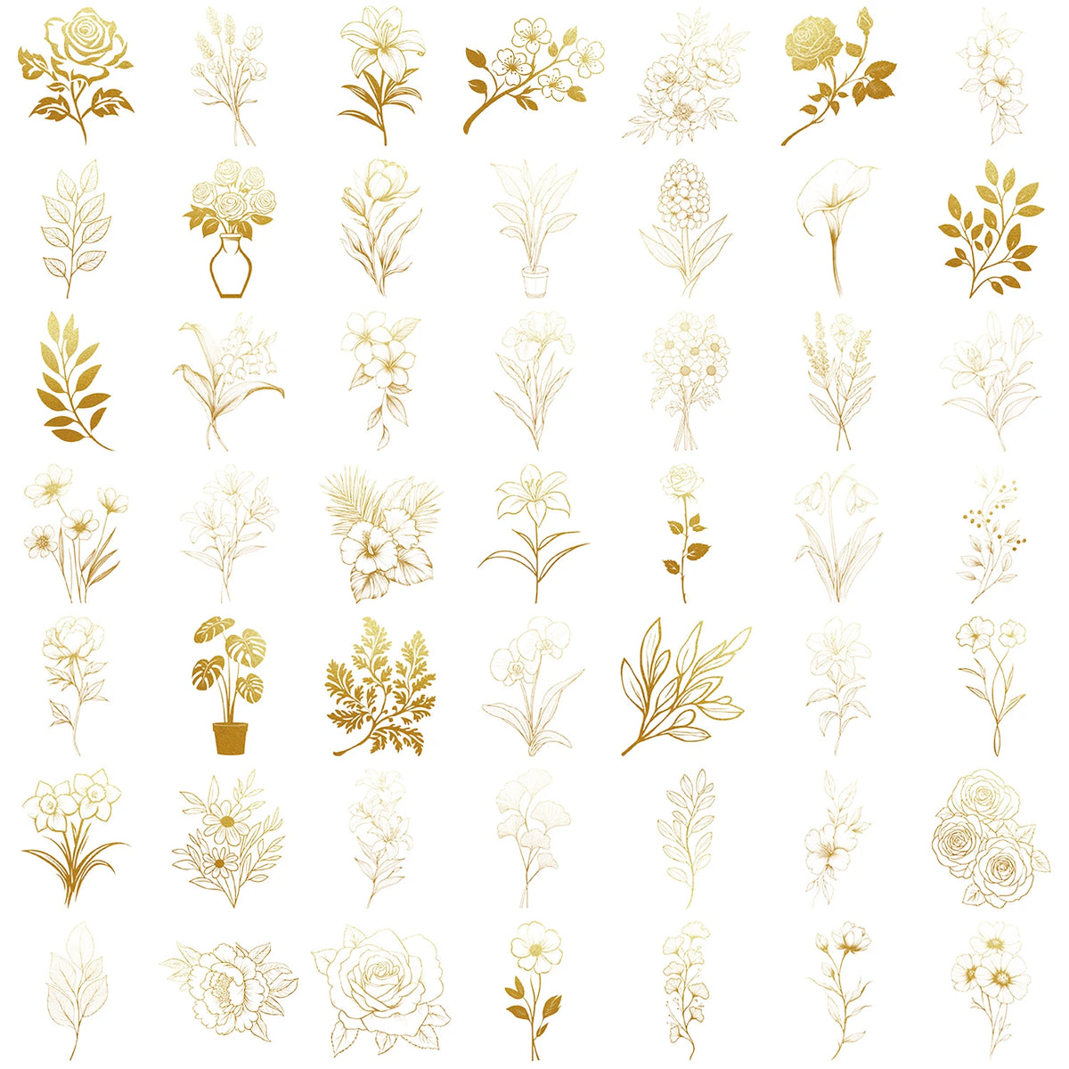 A collection of golden botanical line art illustrations on a transparent background.