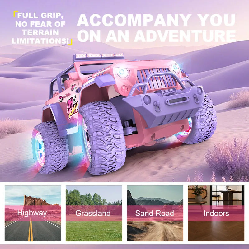 A pink 1:16 scale remote control off-road car with purple tires and lights driving on a sandy terrain.