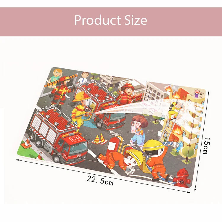 A wooden animal jigsaw puzzle set featuring various figures and vehicles in a colorful scene.