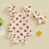 A beige romper set for a baby girl with brown floral print and matching headband.