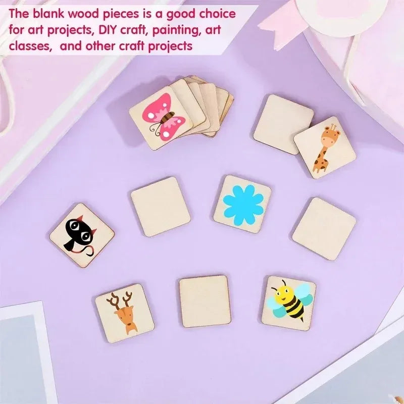 A collection of blank light wood squares featuring various cute animal designs for art projects and crafts.