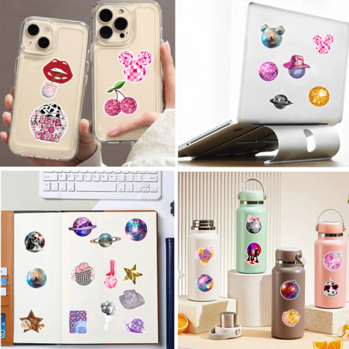 A collection of colorful disco girls graffiti stickers applied to a laptop and water bottles.