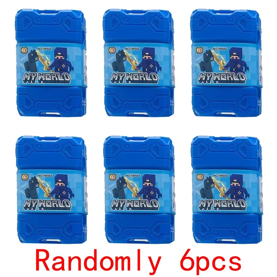 Six blue PVC figure sets featuring Minecraft Steve characters and swords arranged in a grid.