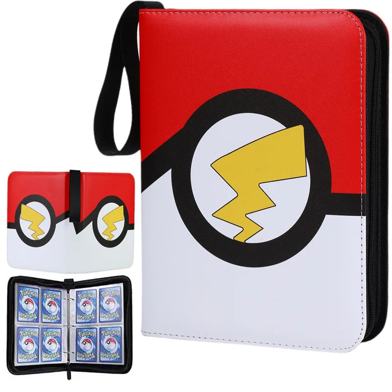 Red and white PU leather card binder with a black zipper featuring a yellow lightning bolt design