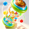 A colorful Montessori baby crawling roller toy with various rings and balls for tummy time practice.
