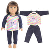 Unicorn pajama set for an 18-inch doll featuring a purple and pink unicorn print top and matching pants.
