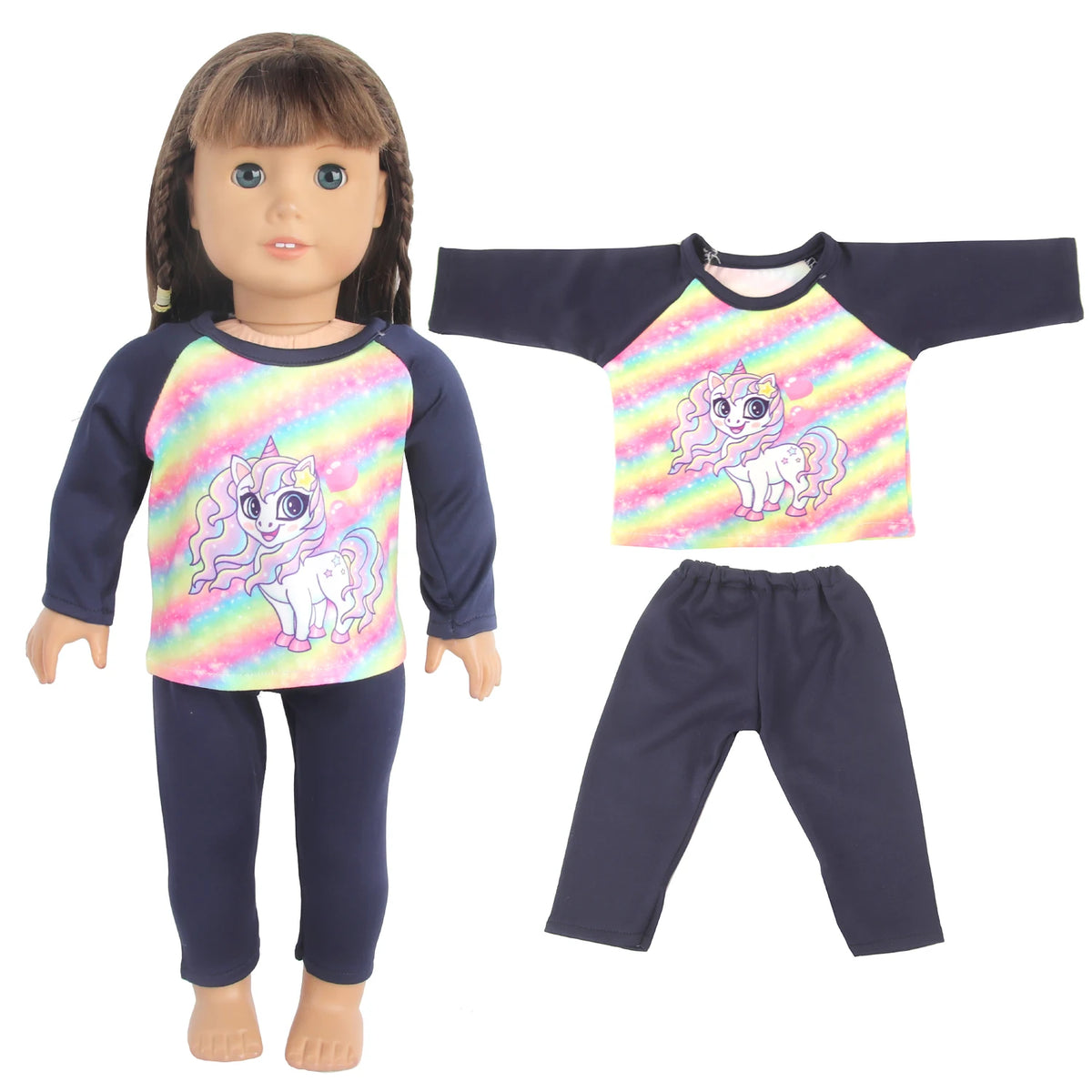 Unicorn pajama set for an 18-inch doll featuring a purple and pink unicorn print top and matching pants.