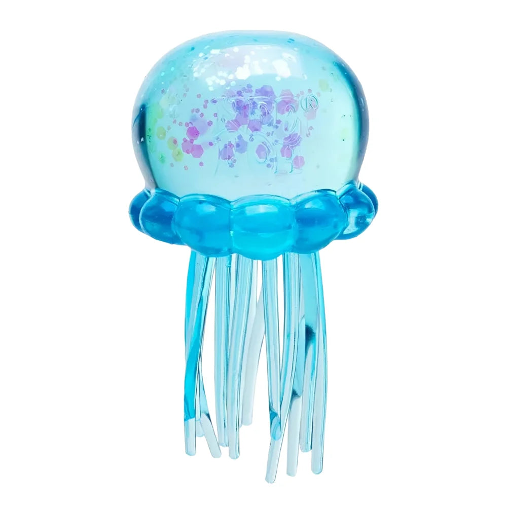A clear blue jellyfish sensory fidget toy with purple floral accents and dangling tentacles.
