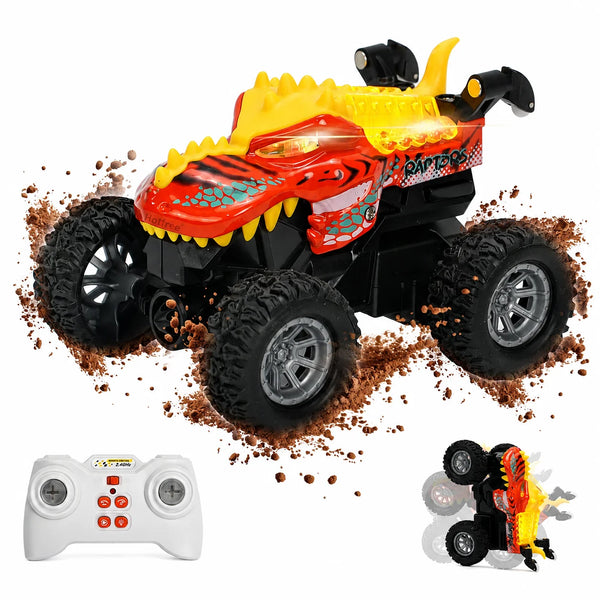 Mini RC stunt car with dinosaur and shark designs, LED lights, and dual speed, shown with a remote control.