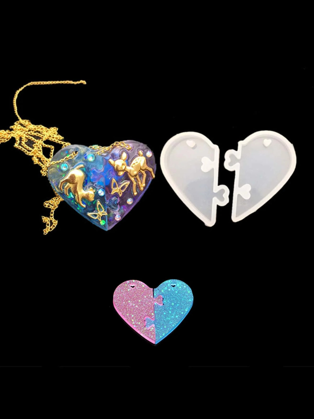 A heart-shaped silicone mold with a glittery blue and purple design and a separate white frame mold.